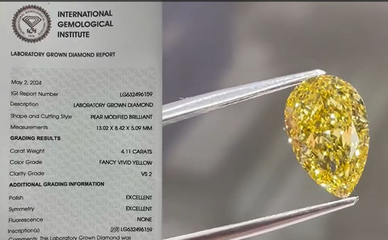 4CT CVD Giallo Laboratorio Cresciuto Diamante forma di pera Fantastico Giallo Vivido Anelli Diamante Collare