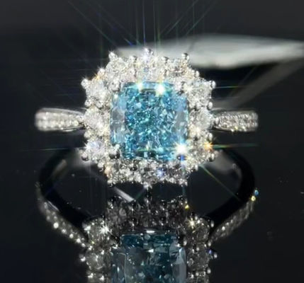 Anelli di diamanti coltivati in laboratorio blu 1.29ct Anello regalo di diamanti sintetici tagliati a cuscino per donne